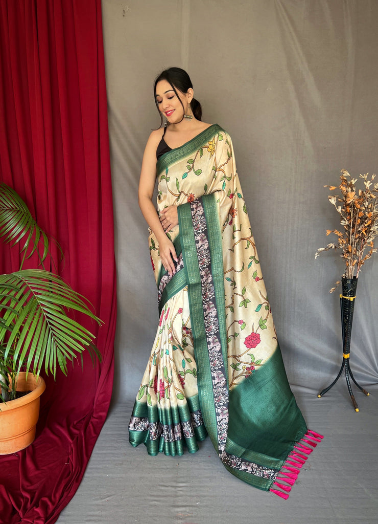 Ivory Saree in Banarasi Silk Contrast Woven with Kalamkari Prints Clothsvilla