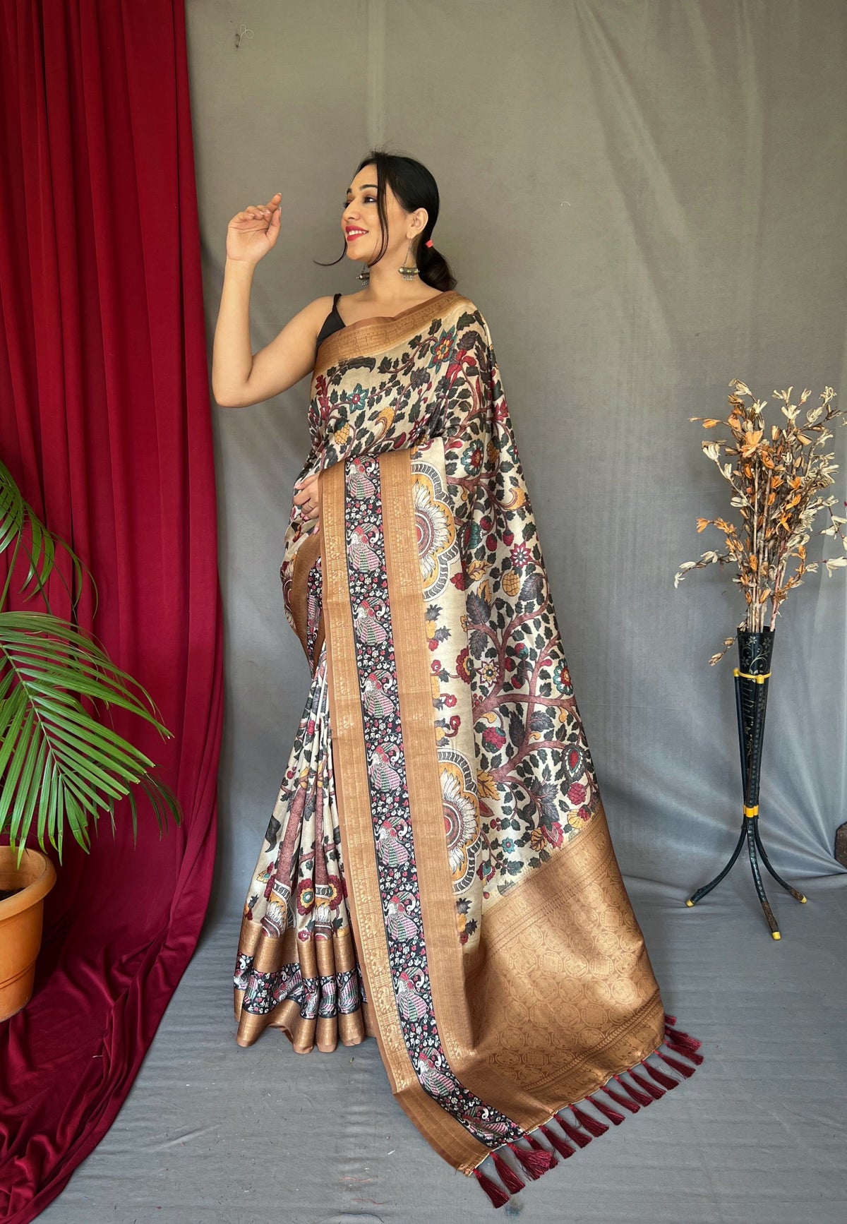 Off White Brown Saree in Banarasi Silk Contrast Woven with Kalamkari Prints Clothsvilla Main image