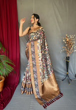 Load image into Gallery viewer, Off White Brown Saree in Banarasi Silk Contrast Woven with Kalamkari Prints Clothsvilla