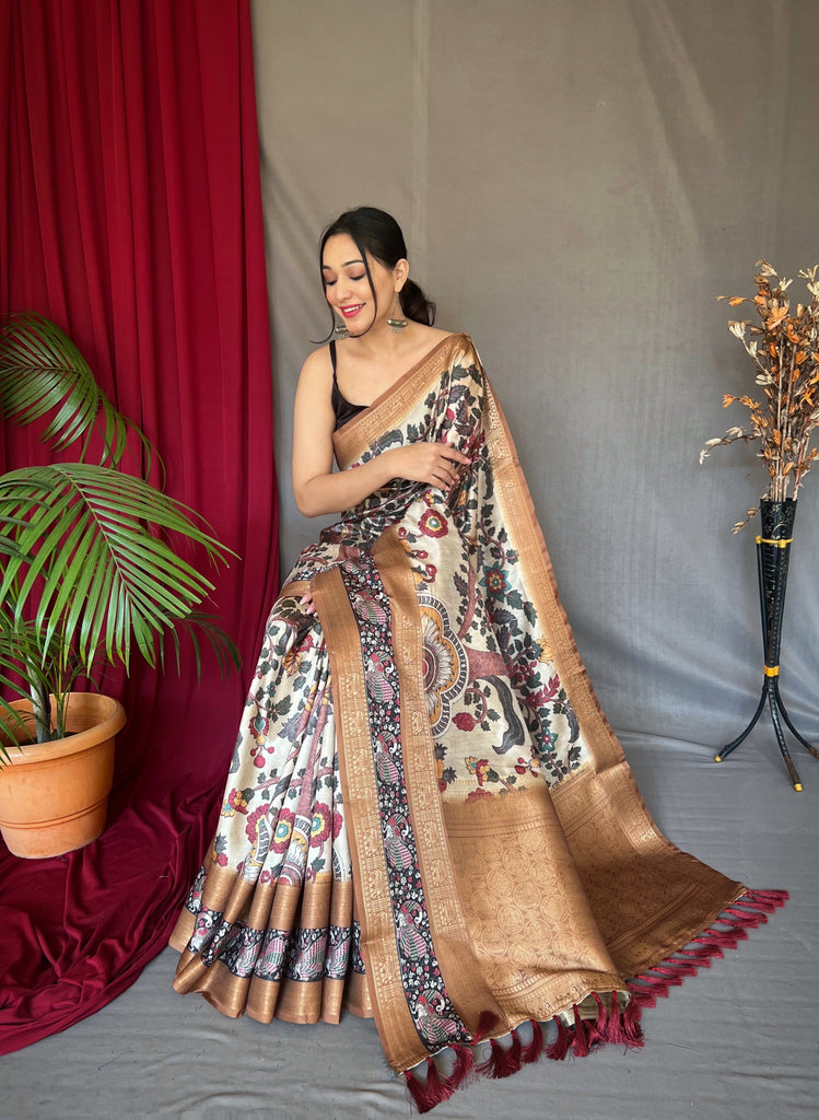 Off White Brown Saree in Banarasi Silk Contrast Woven with Kalamkari Prints Clothsvilla