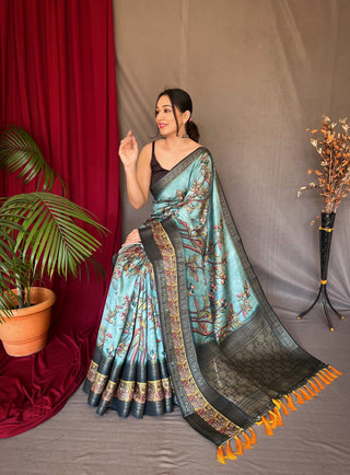 Cadet Blue Saree in Banarasi Silk Contrast Woven with Kalamkari Prints Clothsvilla