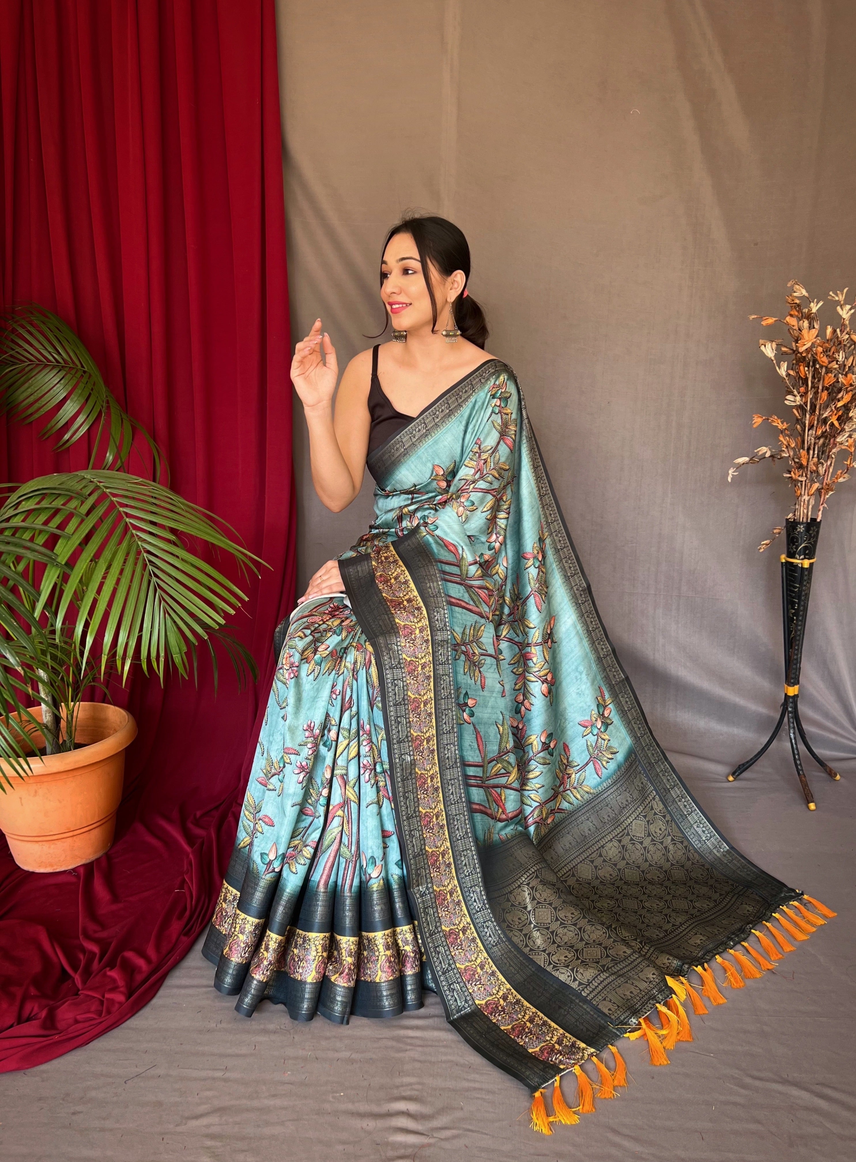 Cadet Blue Saree in Banarasi Silk Contrast Woven with Kalamkari Prints Clothsvilla