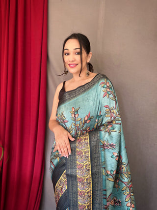 Cadet Blue Saree in Banarasi Silk Contrast Woven with Kalamkari Prints Clothsvilla
