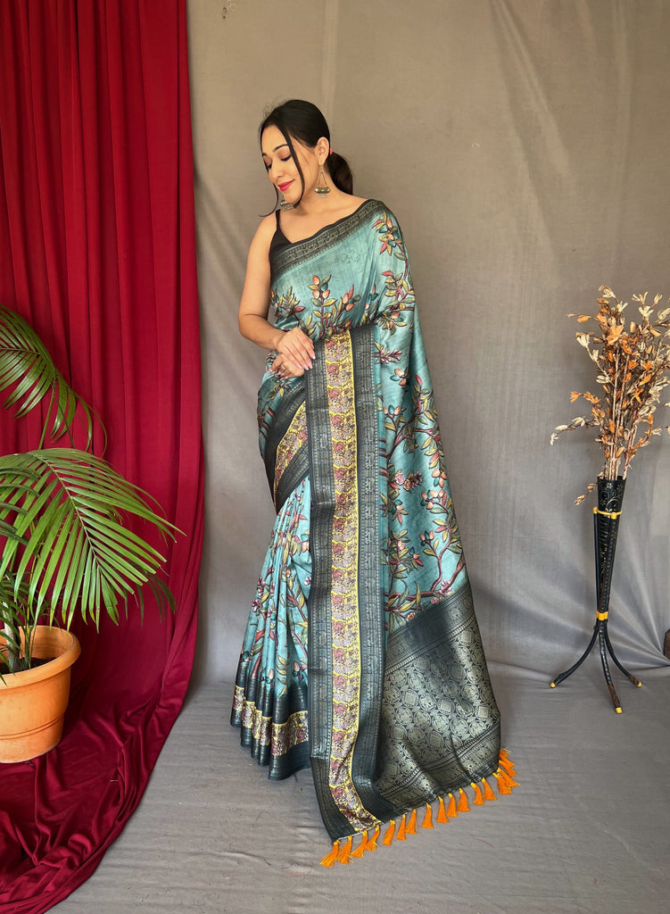 Cadet Blue Saree in Banarasi Silk Contrast Woven with Kalamkari Prints Clothsvilla