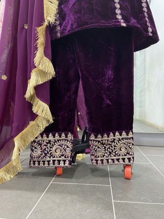 Wine Velvet Cording Embroidery Work Salwar Suit Clothsvilla