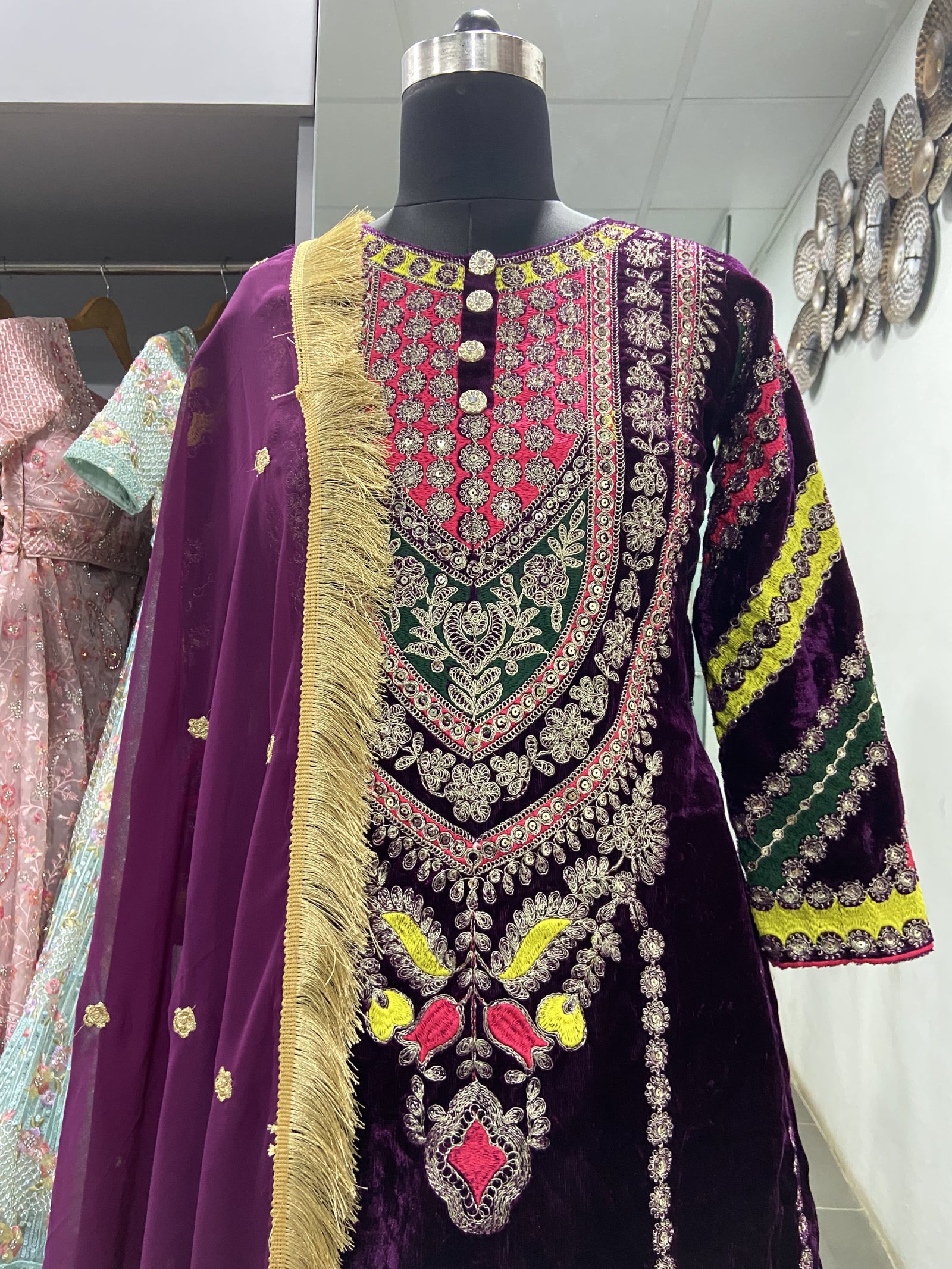 Wine Velvet Cording Embroidery Work Salwar Suit Clothsvilla