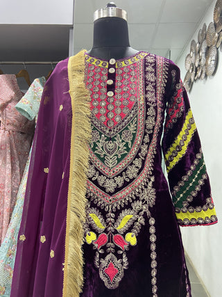 Wine Velvet Cording Embroidery Work Salwar Suit Clothsvilla