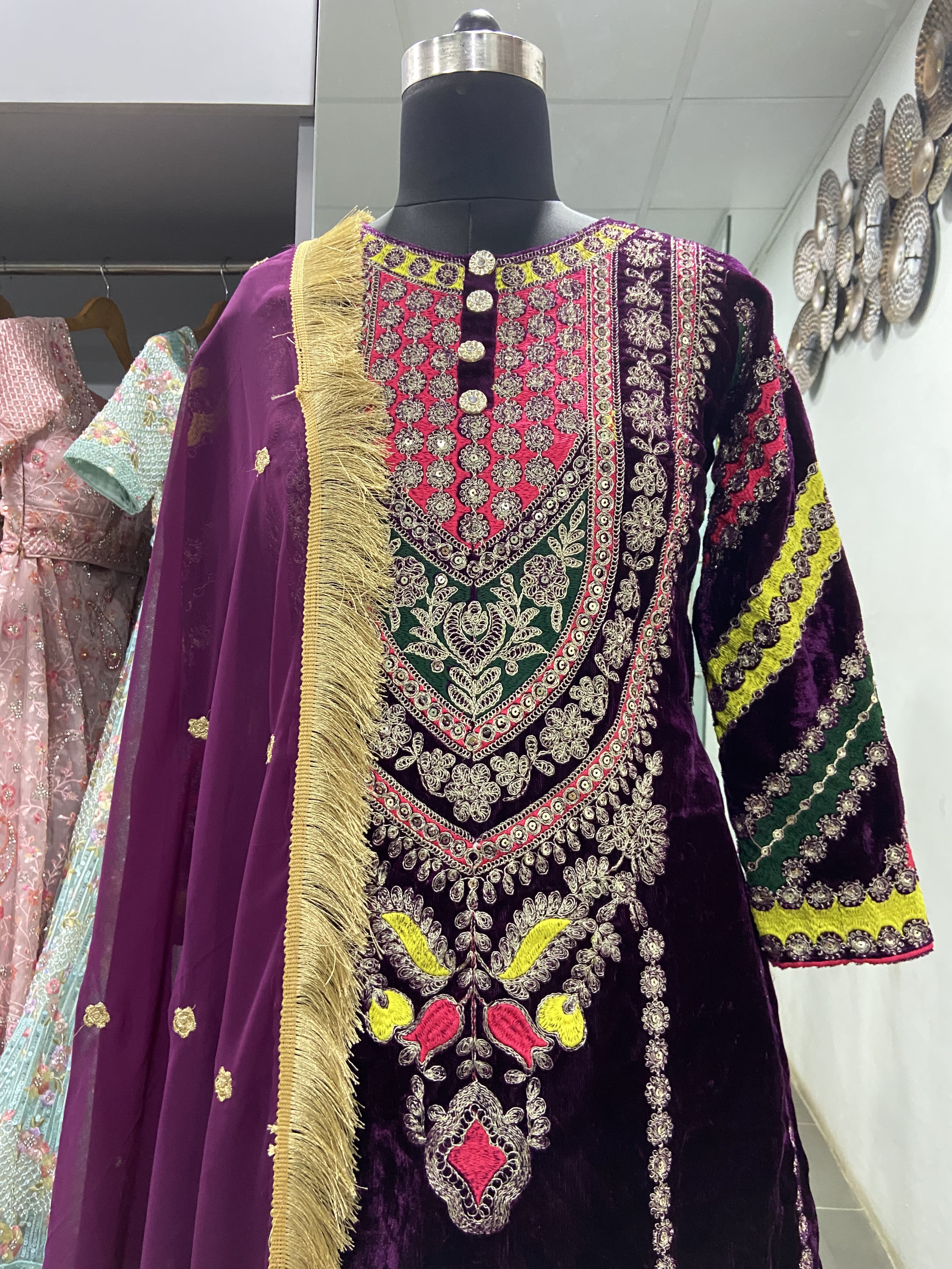 Wine Velvet Cording Embroidery Work Salwar Suit Clothsvilla