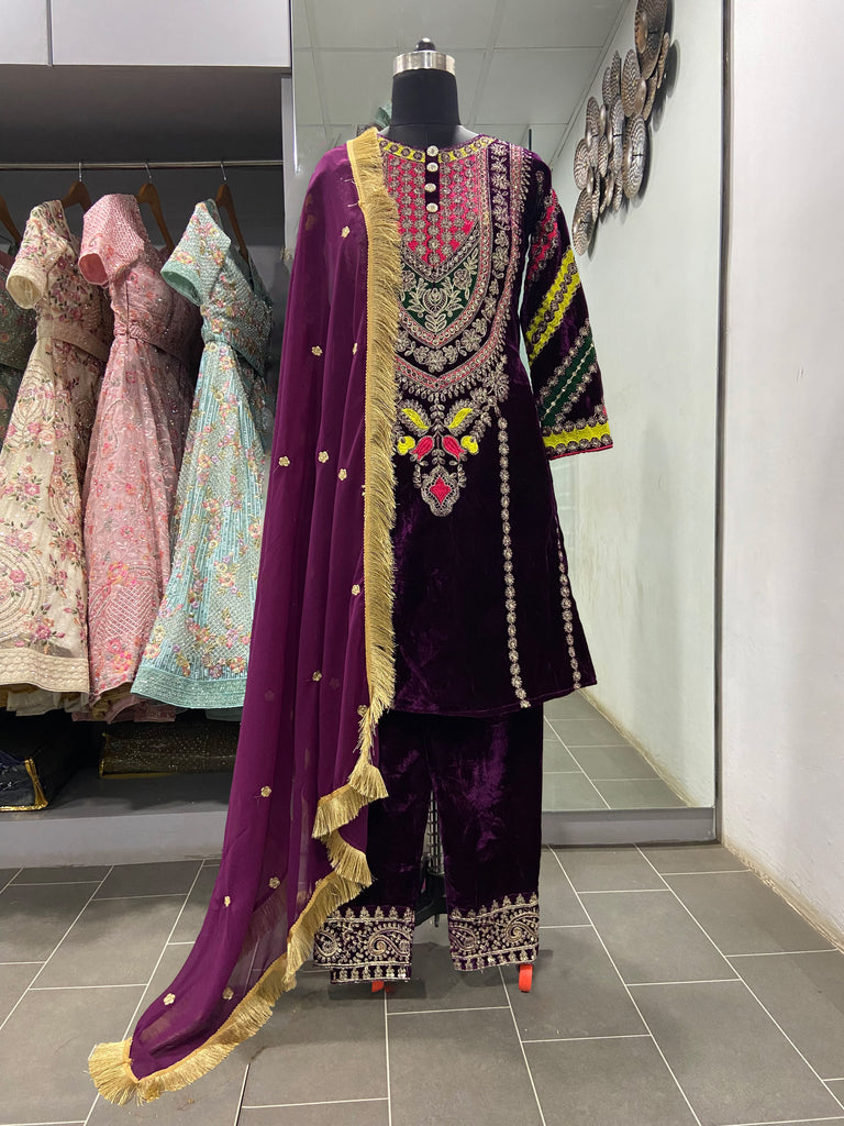 Wine Velvet Cording Embroidery Work Salwar Suit Clothsvilla