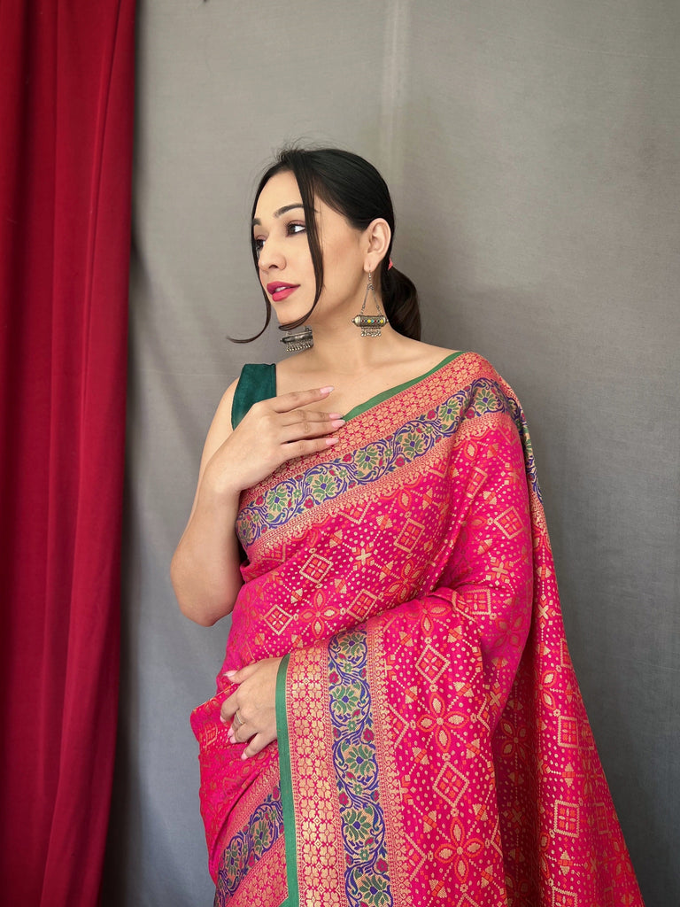 Pink Saree in Bandhej Patola Silk Woven Clothsvilla