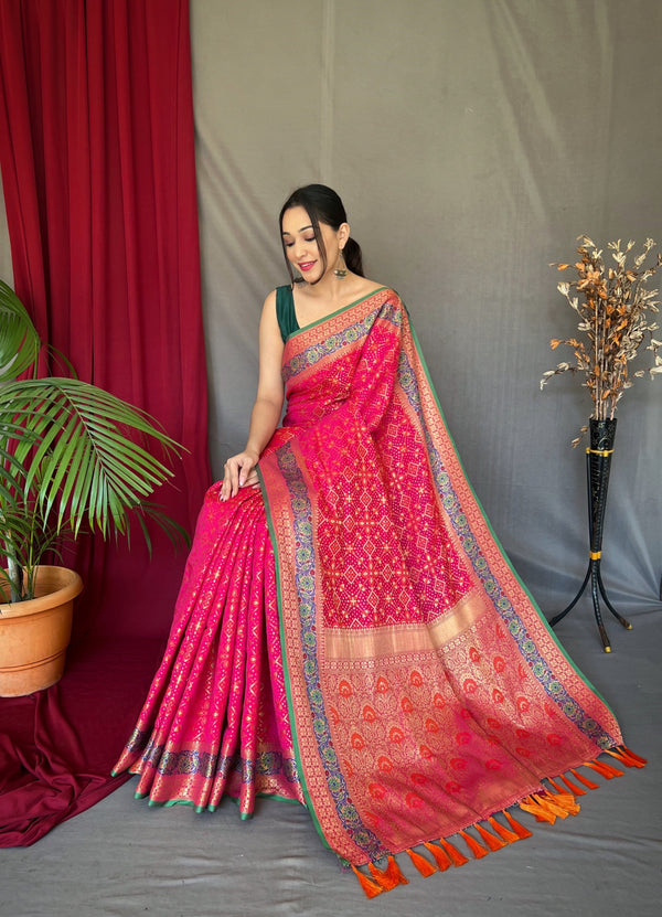 Pink Saree in Bandhej Patola Silk Woven Clothsvilla