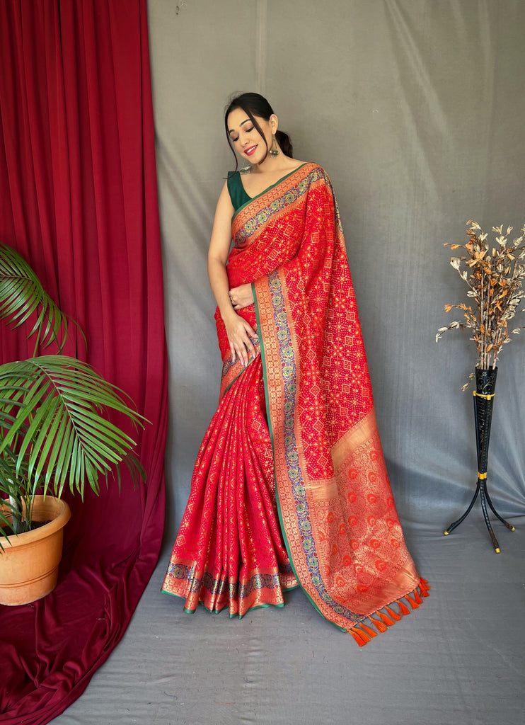 Red Saree in Bandhej Patola Silk Woven Clothsvilla