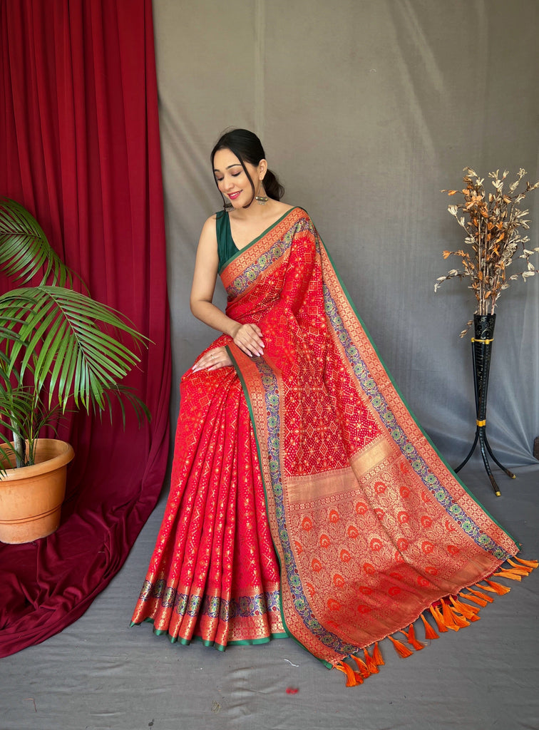 Red Saree in Bandhej Patola Silk Woven Clothsvilla