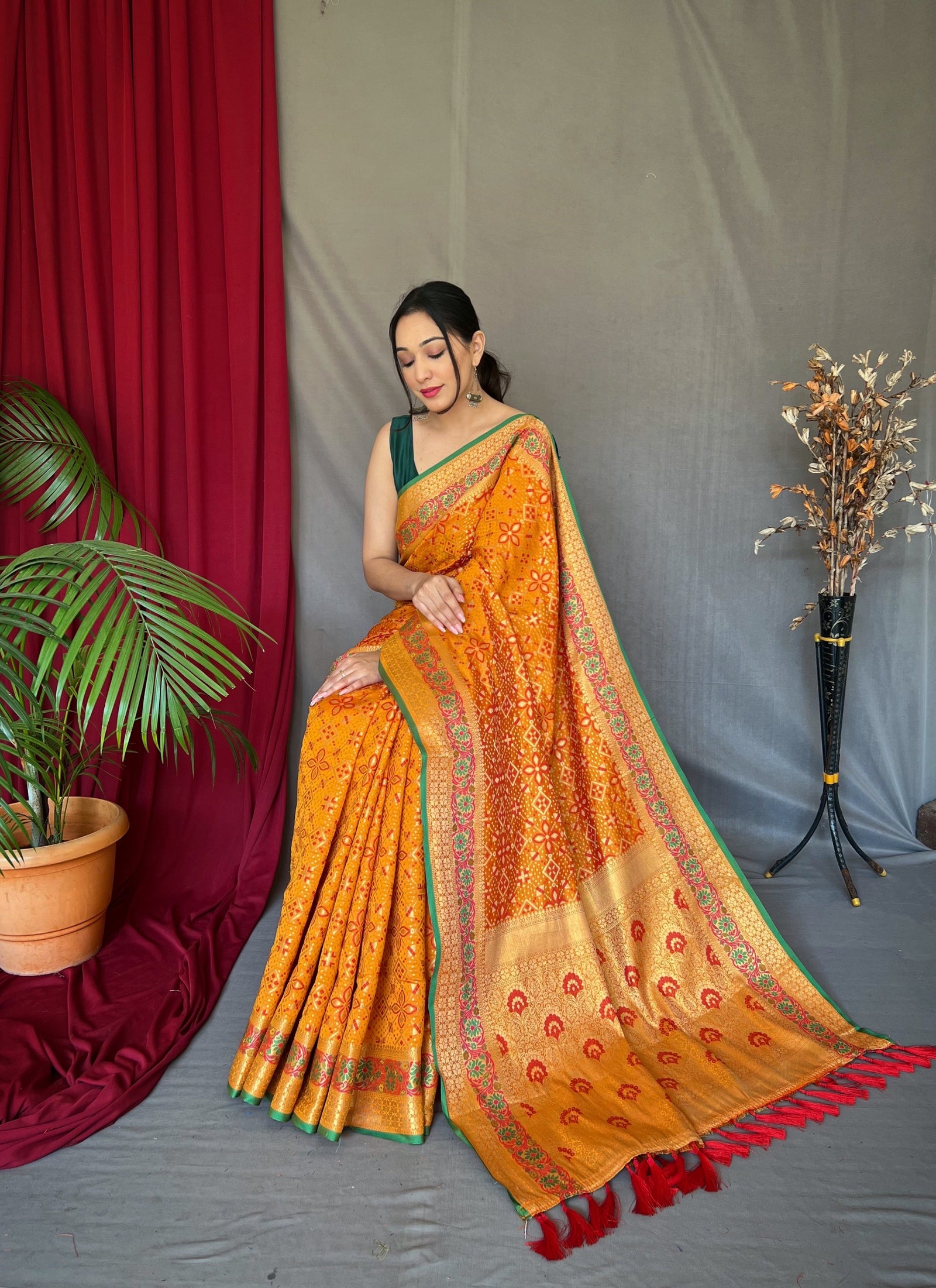 Mustard Yellow Saree in Bandhej Patola Silk Woven Clothsvilla