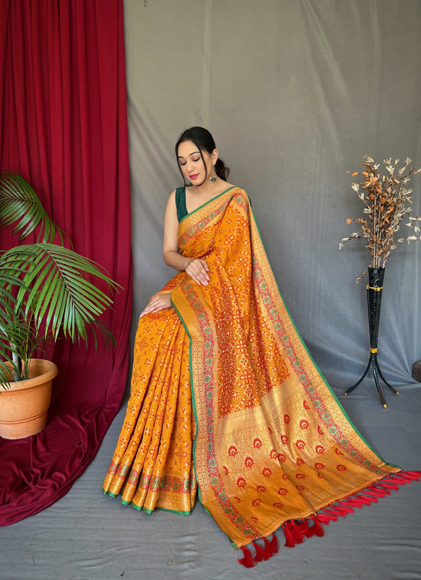 Mustard Yellow Saree in Bandhej Patola Silk Woven Clothsvilla
