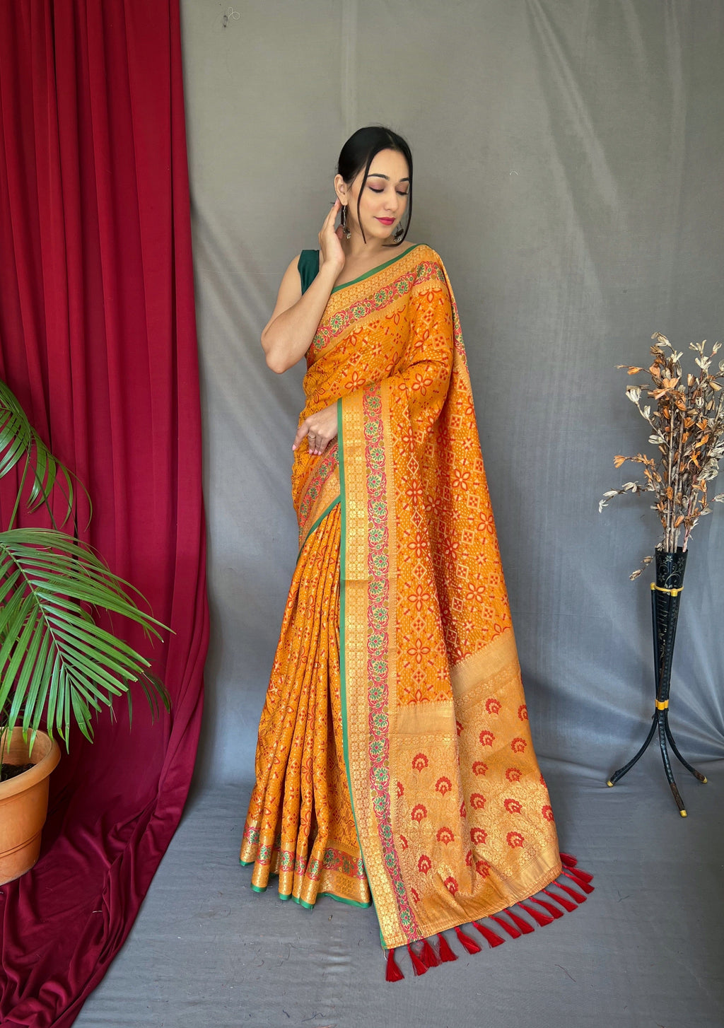 Mustard Yellow Saree in Bandhej Patola Silk Woven Clothsvilla