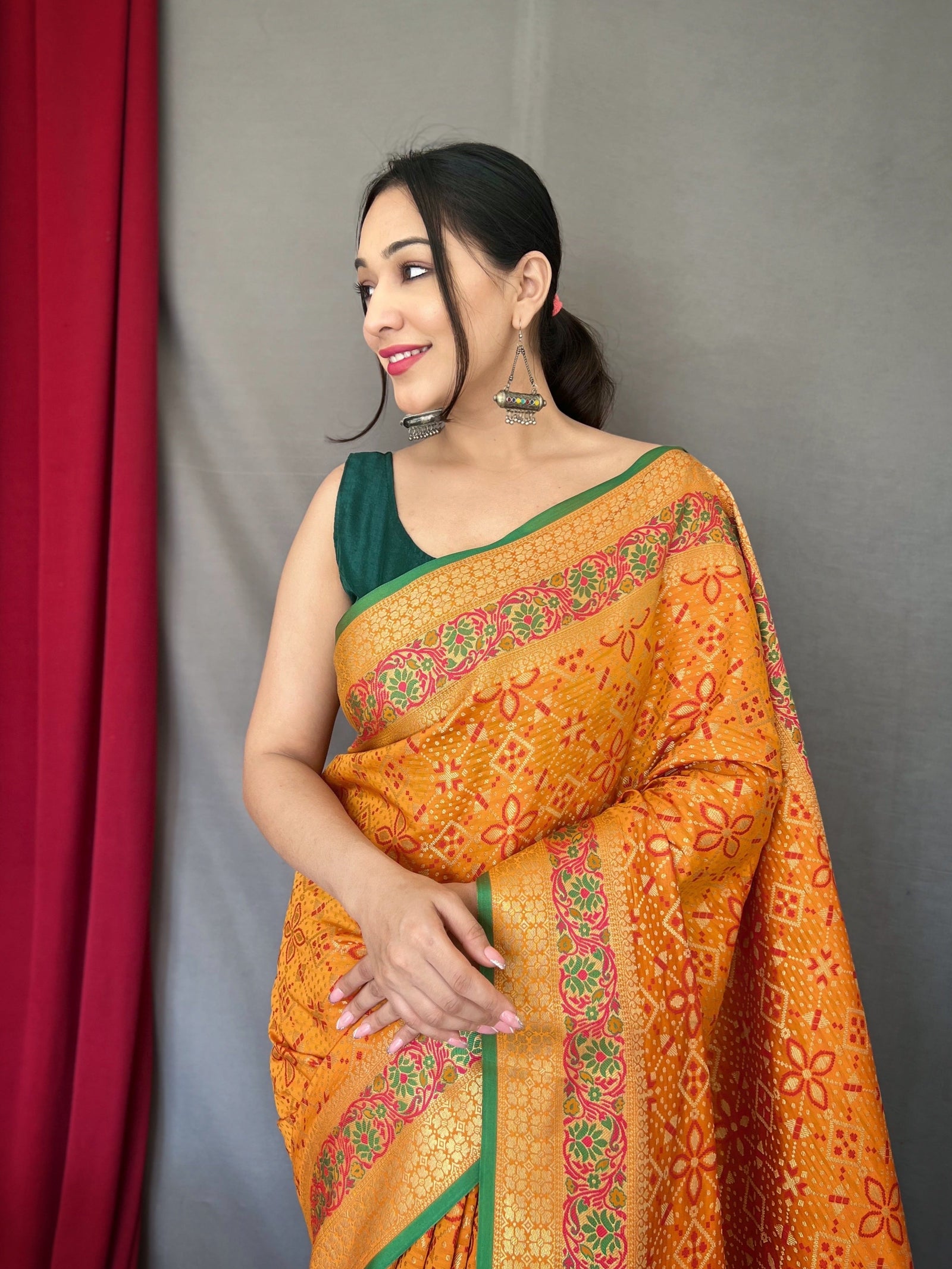 Mustard Yellow Saree in Bandhej Patola Silk Woven Clothsvilla
