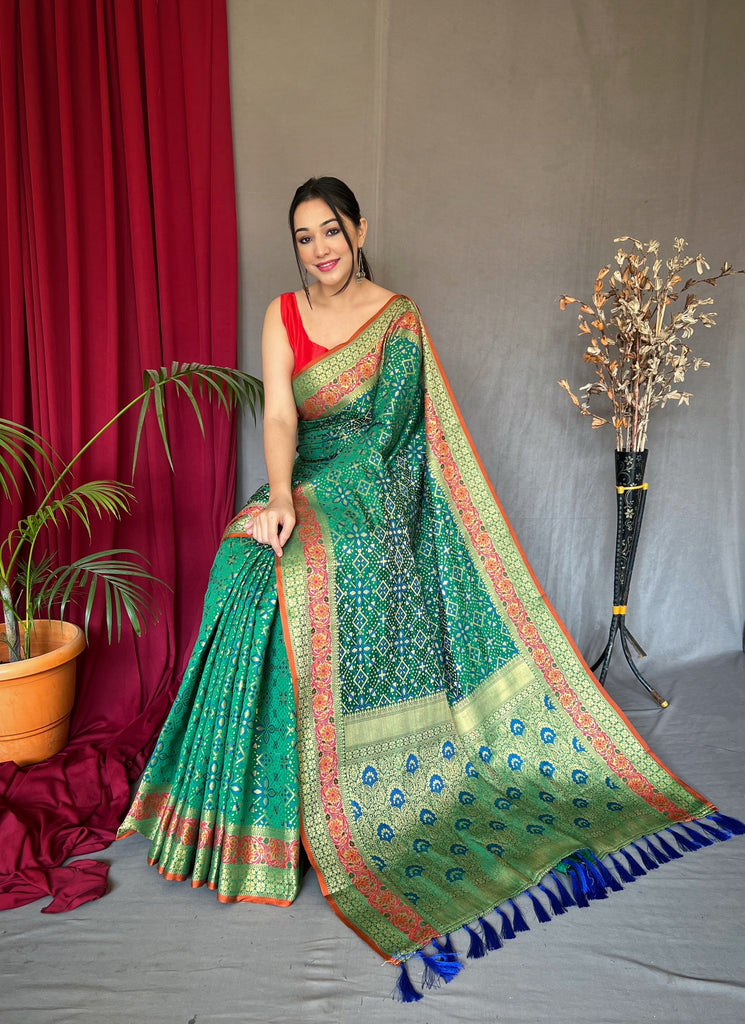 Green Saree in Bandhej Patola Silk Woven Clothsvilla