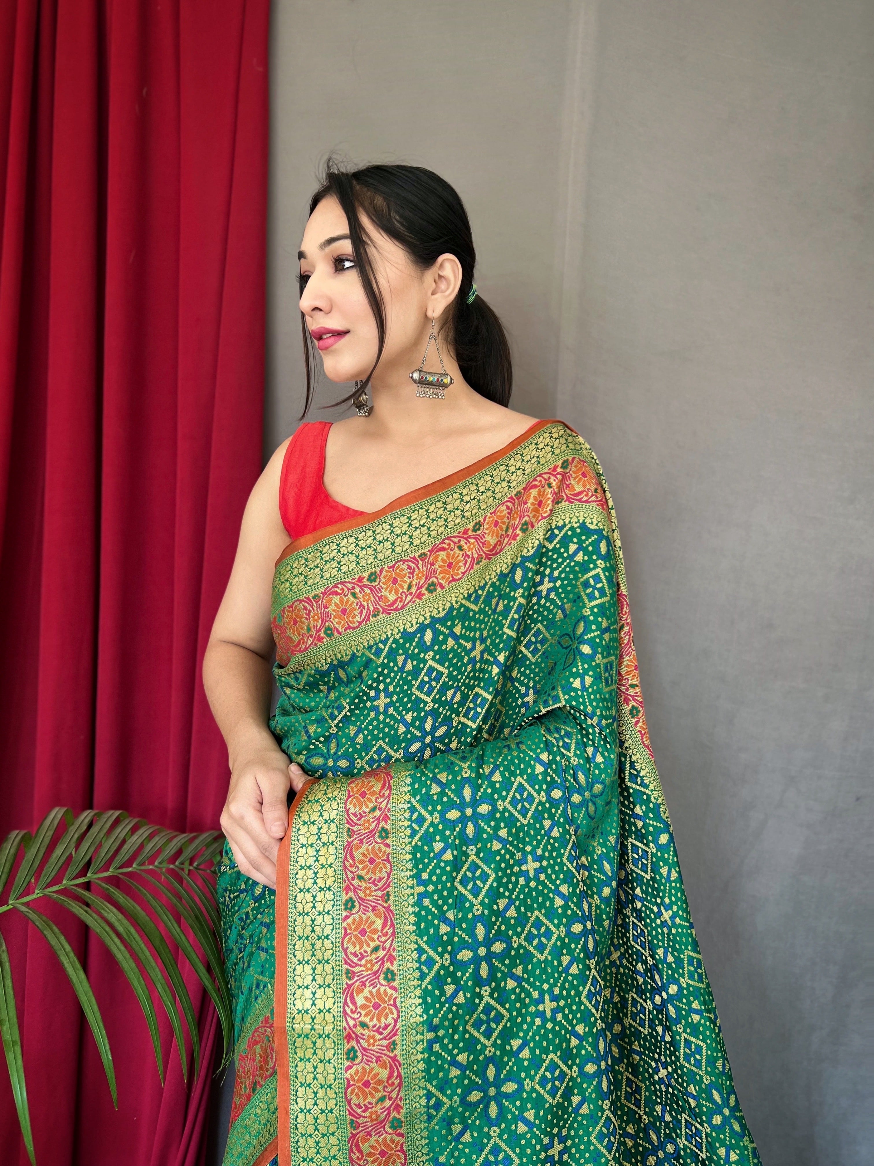 Green Saree in Bandhej Patola Silk Woven Clothsvilla