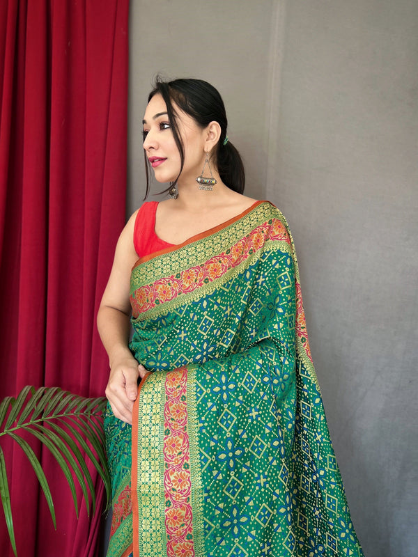 Green Saree in Bandhej Patola Silk Woven Clothsvilla