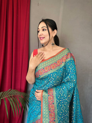 Pacific Blue Saree in Bandhej Patola Silk Woven Clothsvilla