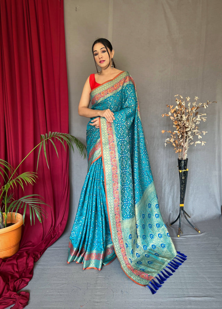Pacific Blue Saree in Bandhej Patola Silk Woven Clothsvilla