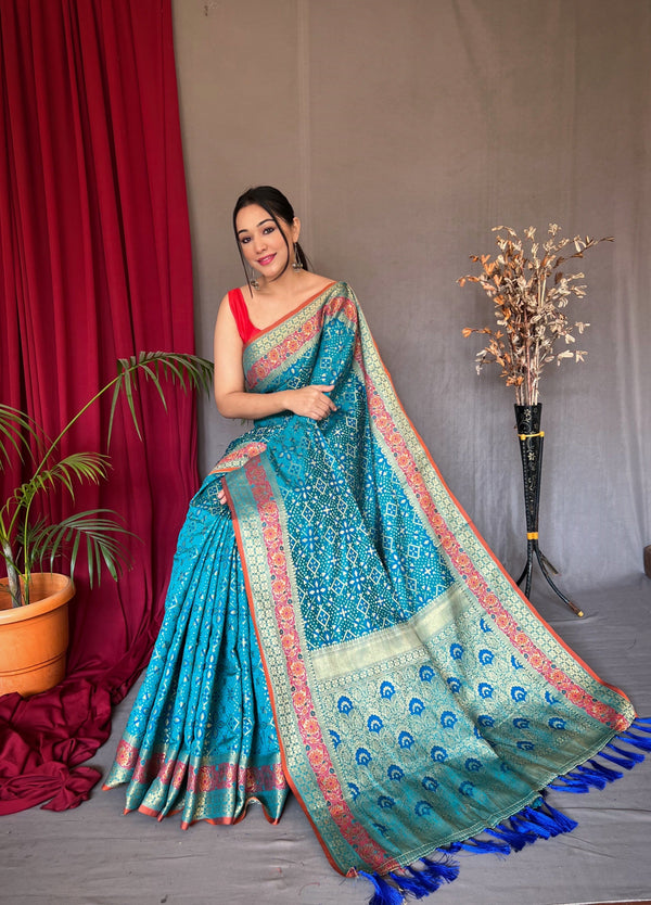 Pacific Blue Saree in Bandhej Patola Silk Woven Clothsvilla