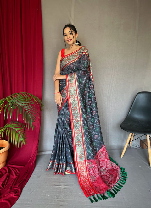 Rangeen Patola Contrast Woven Silk Saree Slate Grey Clothsvilla Main image