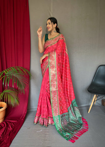 Rangeen Patola Contrast Woven Silk Saree Light Pink Clothsvilla