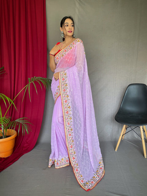 Georgette Sequins Designer Embroidered Saree Lavender Clothsvilla Main image