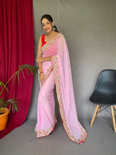 Georgette Sequins Designer Embroidered Saree Pastel Pink Clothsvilla