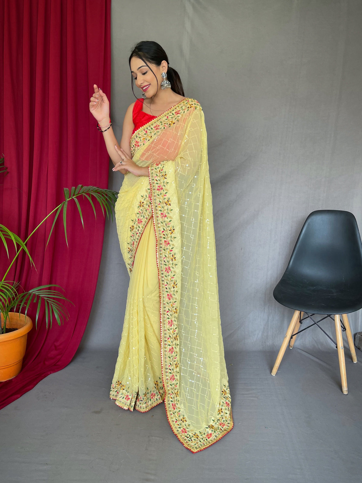 Georgette Sequins Designer Embroidered Saree Yellow Clothsvilla Main image