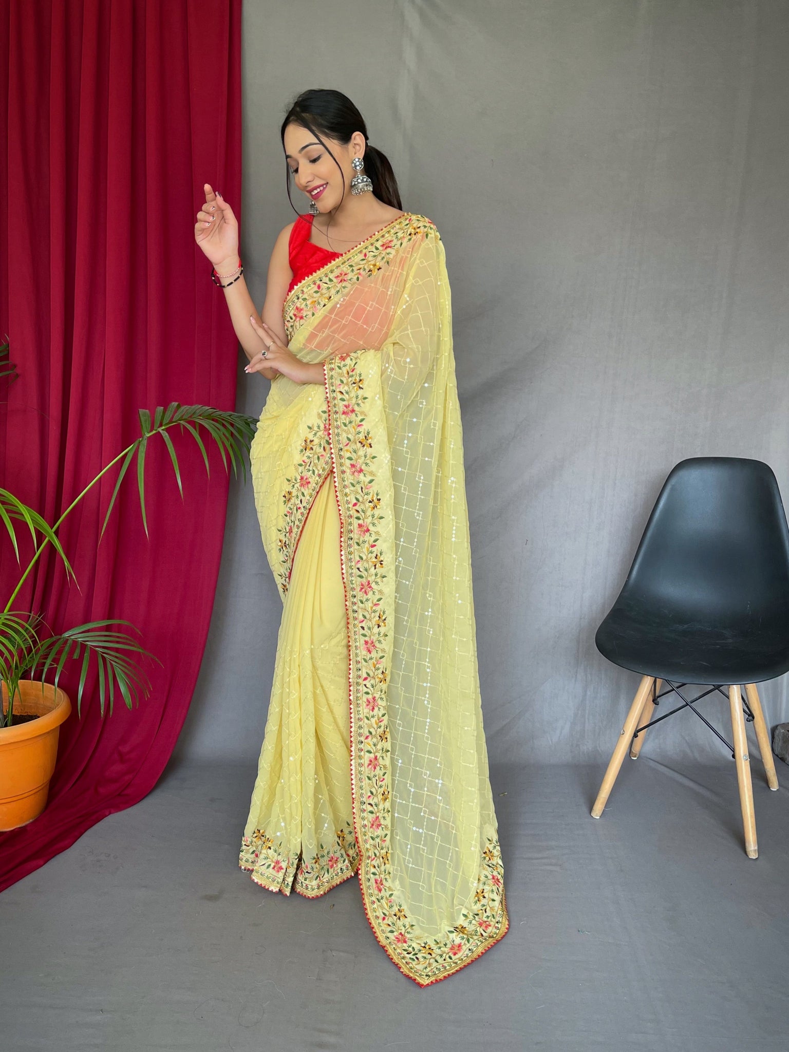 Yellow Embroidered Readymade Saree In Georgette