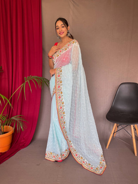 Georgette Sequins Designer Embroidered Saree Sky Blue Clothsvilla Main image