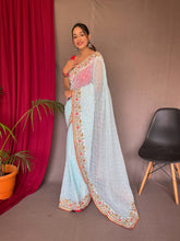 Load image into Gallery viewer, Georgette Sequins Designer Embroidered Saree Sky Blue Clothsvilla