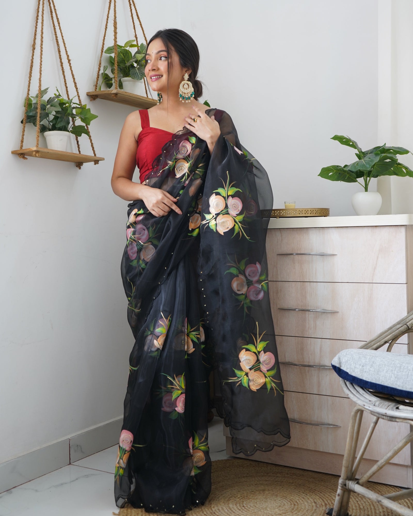 Organza Hand Painted Floral Saree Black Clothsvilla