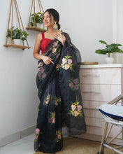 Load image into Gallery viewer, Organza Hand Painted Floral Saree Black Clothsvilla