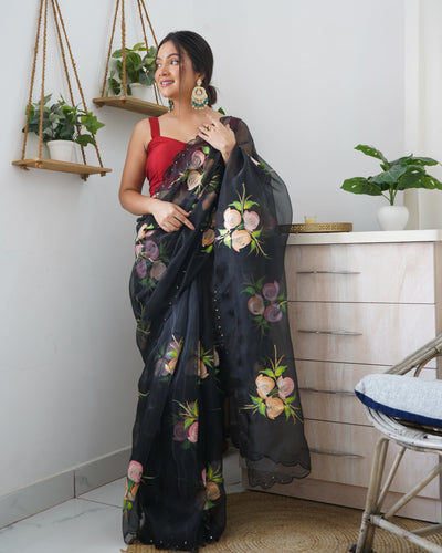 Organza Hand Painted Floral Saree Black Clothsvilla