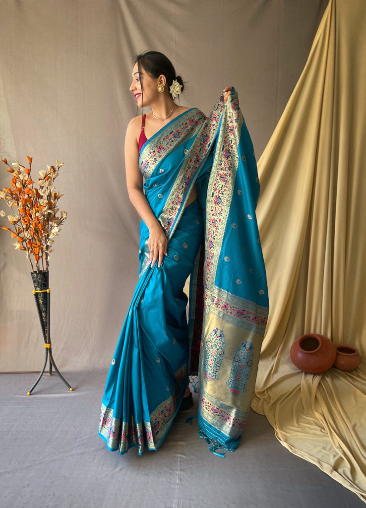 Buy online Sky Blue Silk Paithani Saree With Blouse from ethnic wear for  Women by Sangam Prints for ₹2889 at 71% off | 2023 Limeroad.com
