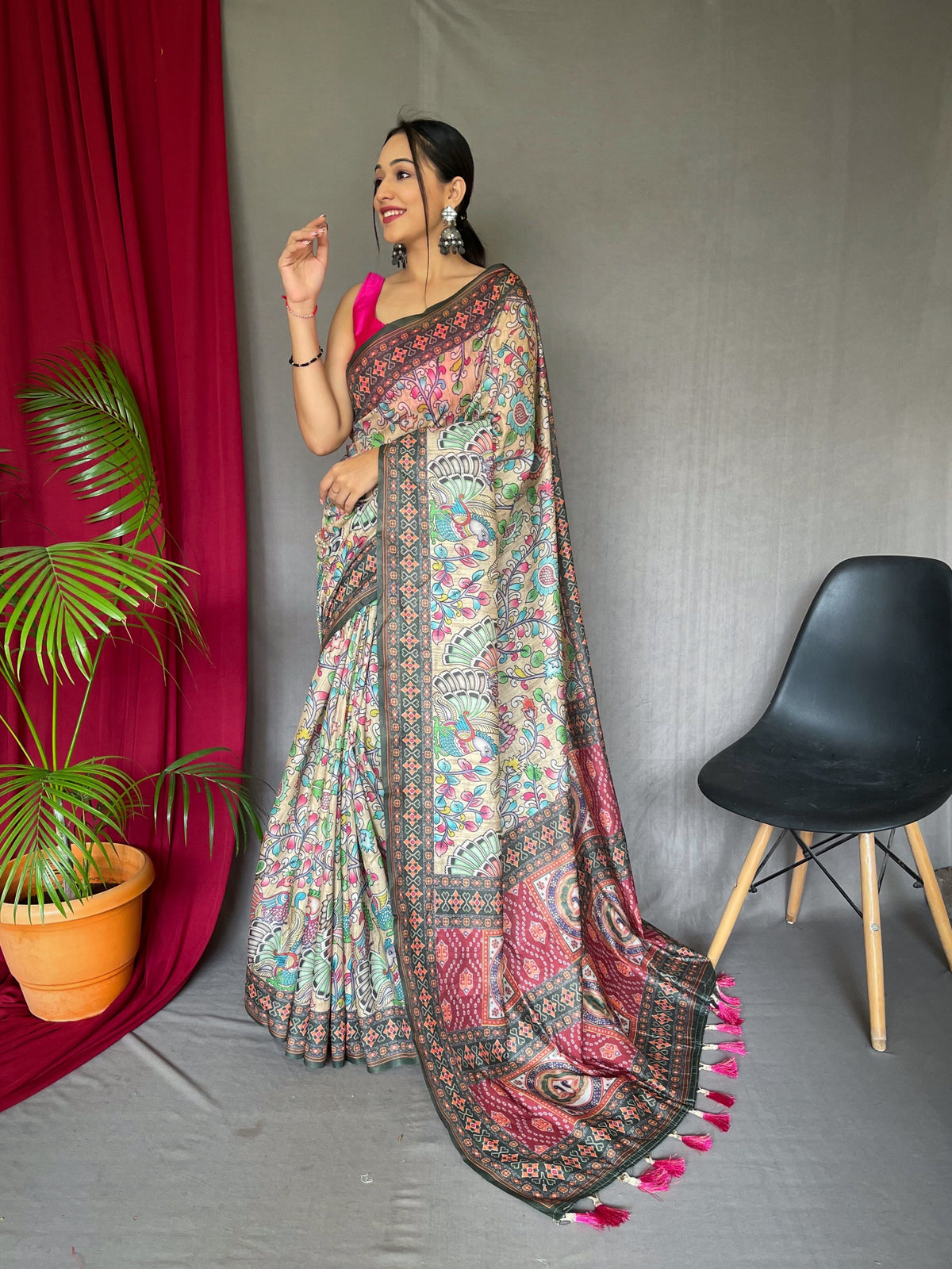 Cotton Bandhani Kalamkari Printed Saree Cream Clothsvilla