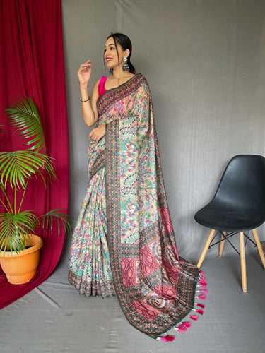 Cotton Bandhani Kalamkari Printed Saree Cream Clothsvilla