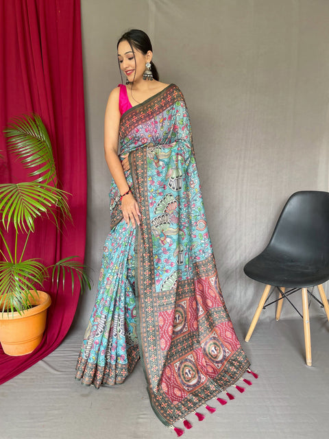 Cotton Bandhani Kalamkari Printed Saree Light Blue Clothsvilla Main image