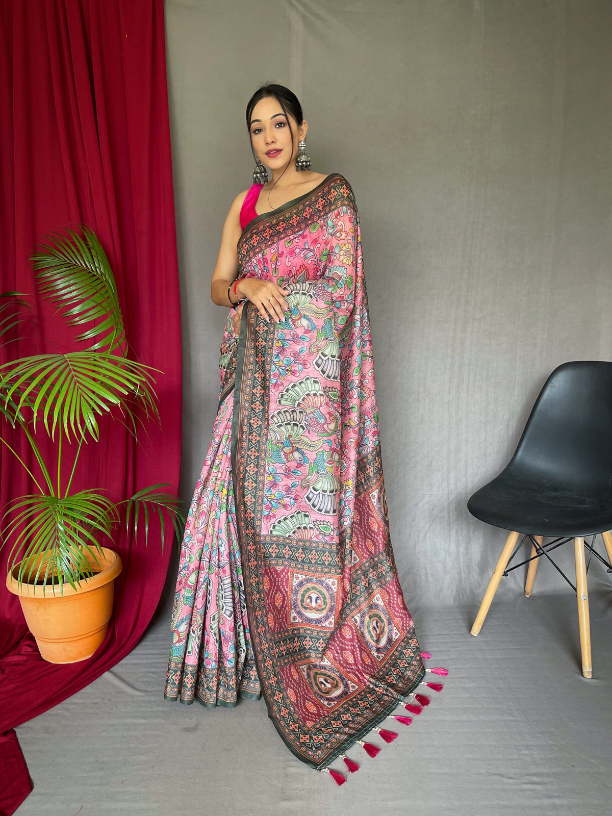 Cotton Bandhani Kalamkari Printed Saree Pink Clothsvilla Main image