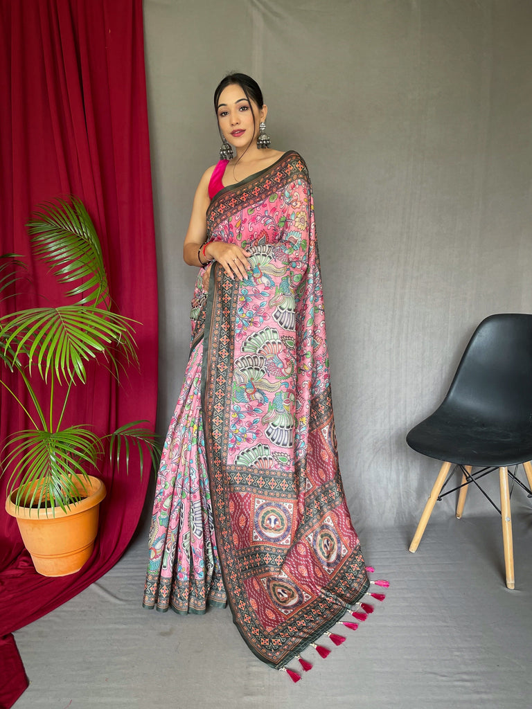 Cotton Bandhani Kalamkari Printed Saree Pink Clothsvilla