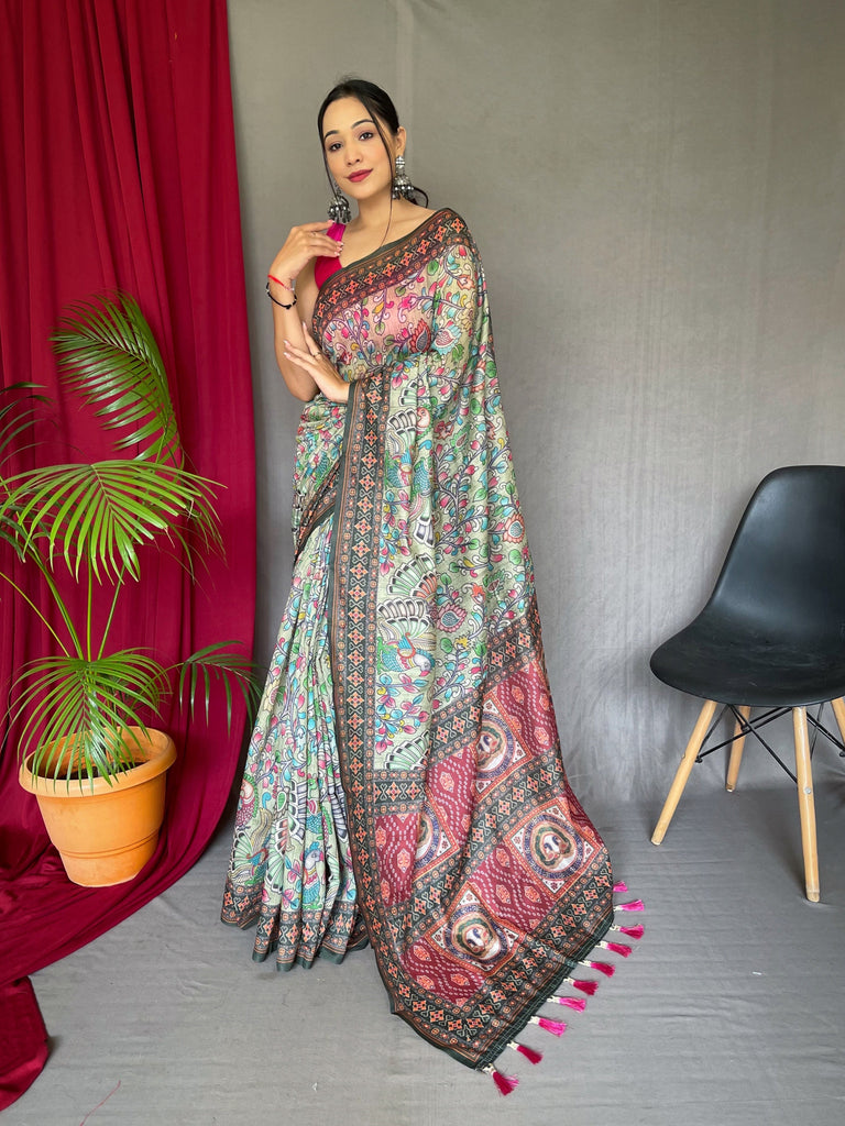 Cotton Bandhani Kalamkari Printed Saree Pista Green Clothsvilla