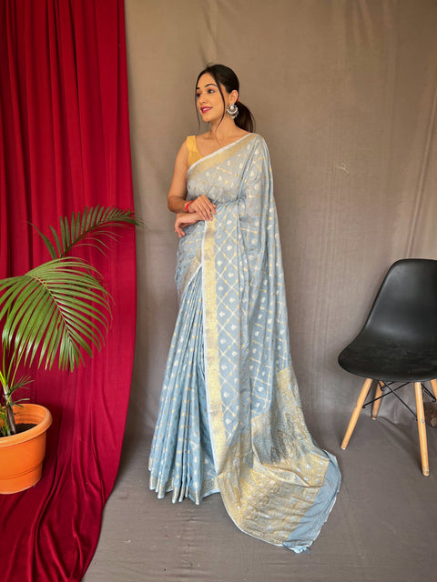 Shangrila Cotton Rose Gold Woven Saree Cloudy Blue Clothsvilla Main image