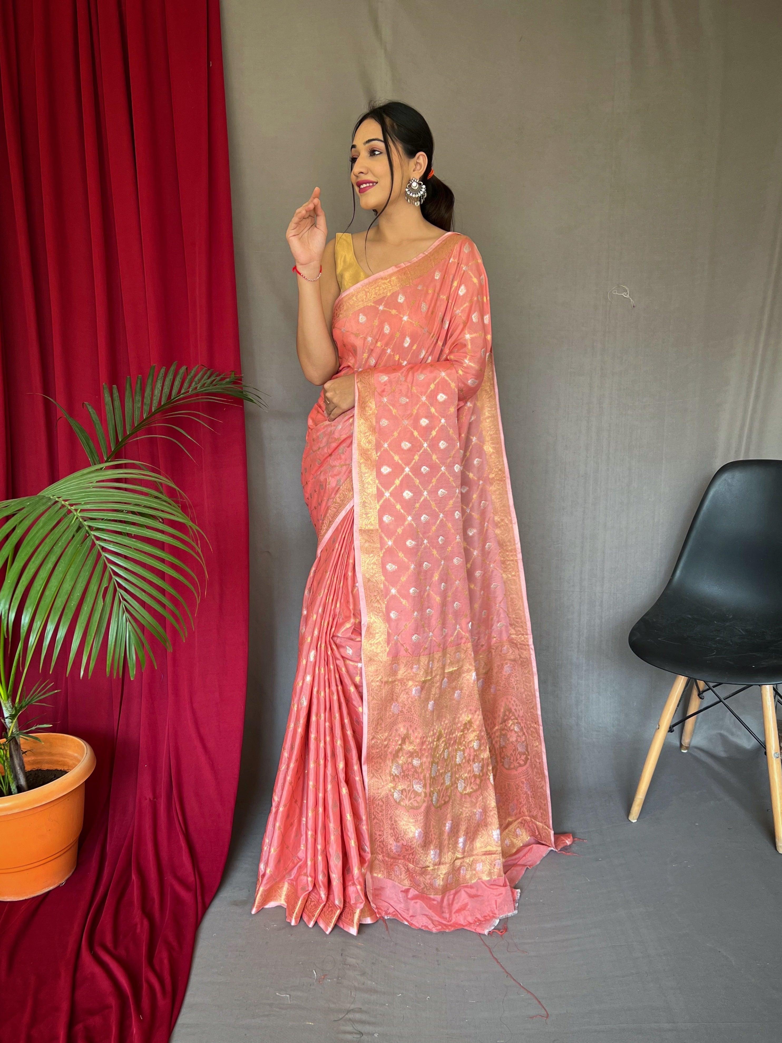 Shangrila Cotton Rose Gold Woven Saree Coral Pink Clothsvilla