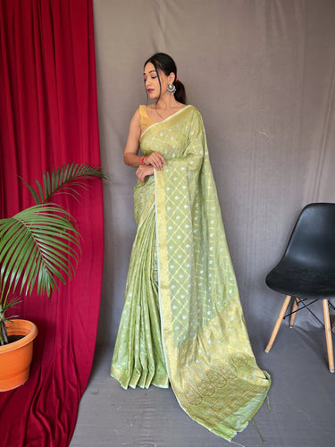 Shangrila Cotton Rose Gold Woven Saree Thistle Green Clothsvilla