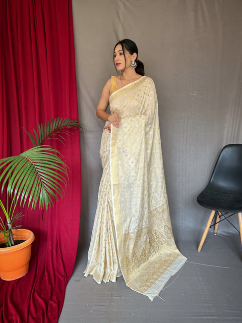 Shangrila Cotton Rose Gold Woven Saree Ivory Clothsvilla Main image