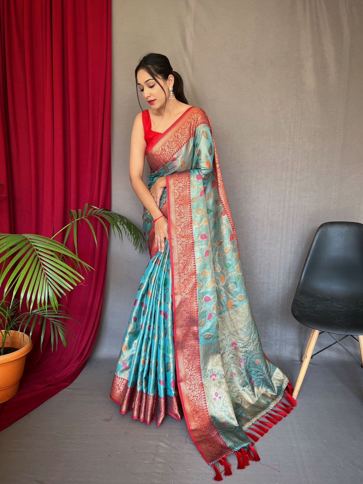 Kanjeevaram Tissue Silk Sitara Jaal Meenakari Woven Saree Cyan Blue Clothsvilla Main image